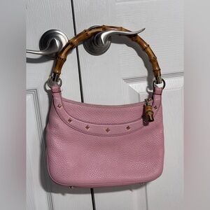 Authenticated Gucci Anita Pink Leather Handbag with Bamboo Handle